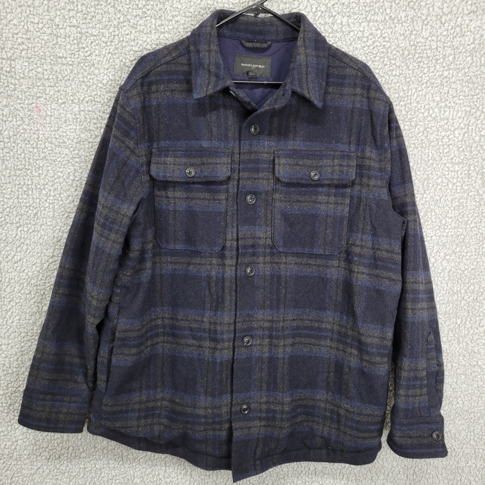 Banana Republic Mens Blue Plaid Quilted Lined Wool Blend Jacket Large